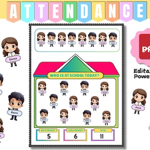 Attendance Chart Bulletin Board |School Theme Daily Attendance Chart l Editable in Powerpoint l Elementary Attendance Board for Grades K-6