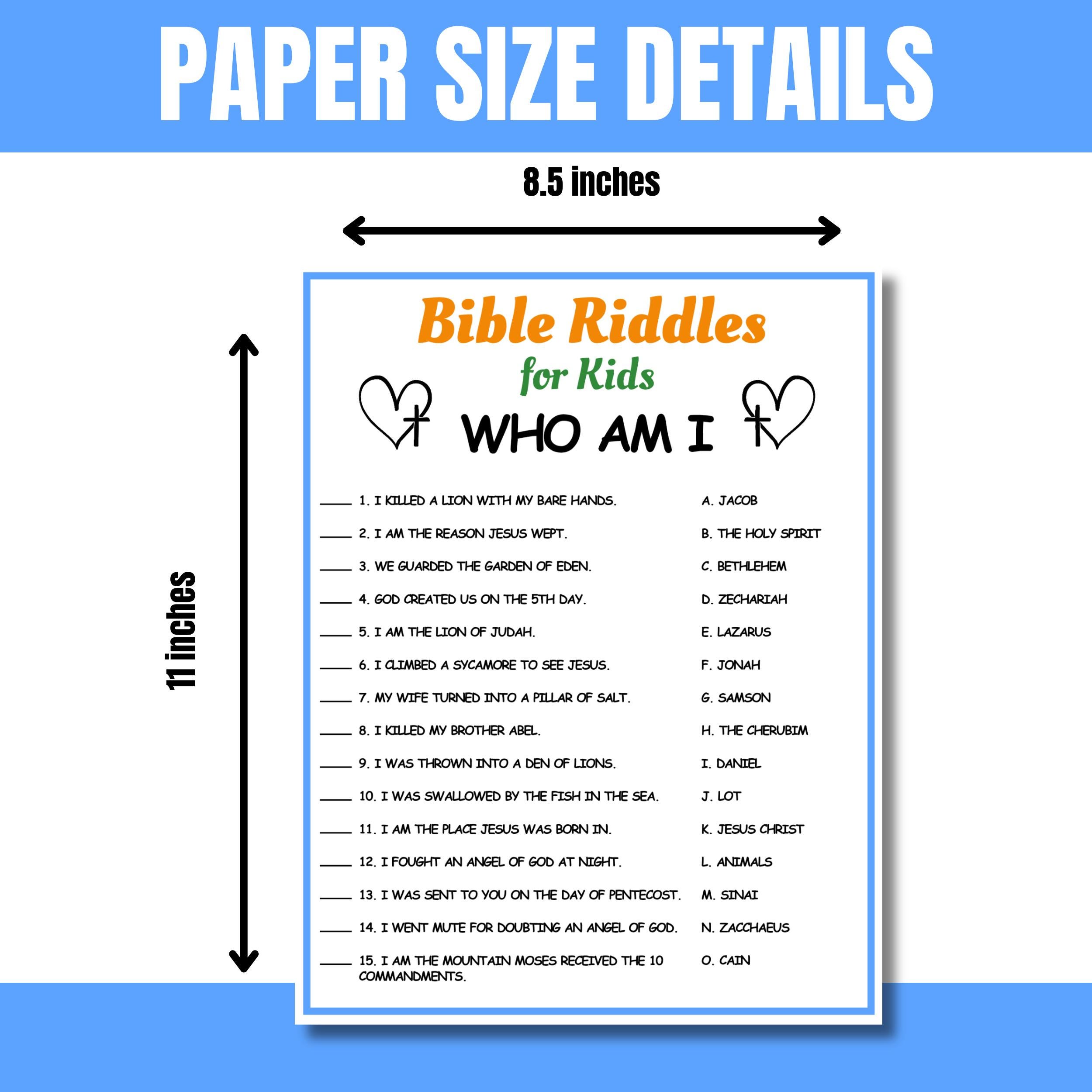 Sunday Riddles Bible Riddles Game for Kids, Sunday School Activity (digital Download ...