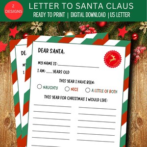 Carta a Papá Noel / Lista de deseos navideños / Imprimible navideño para niños / Rayas rojas y verdes
