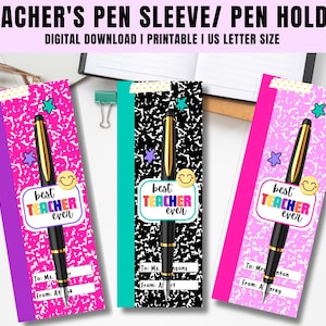 May include: Three colourful pen sleeves or pen holders with the text "Teacher's Pen Sleeve/ Pen Holder" and "Best Teacher Ever". Each sleeve has a different background pattern, including pink, black, and teal. Each sleeve holds a black and gold pen.