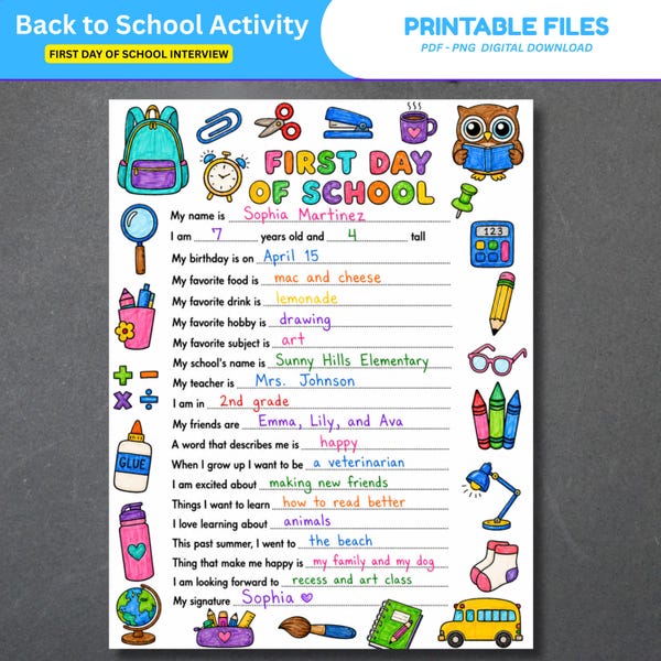 All About Me, Back to School ActivityPrintable | Kids Questionnaire, Keepsake (PDF)