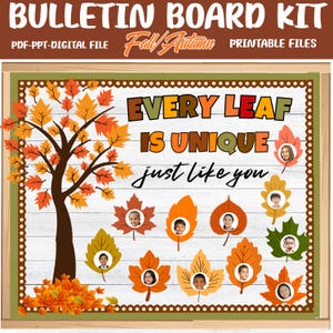 May include: A digital bulletin board kit featuring a fall theme with a large brown tree, orange and yellow leaves, and the text "EVERY LEAF IS UNIQUE just like you". The design includes multiple leaf-shaped frames for photos on a white wood background.
