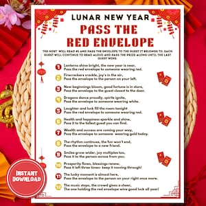 May include: A Lunar New Year party game, "Pass the Red Envelope," is displayed on a white background with red and gold accents. The game's instructions are printed in black text, with a red circle that says "Instant Download."