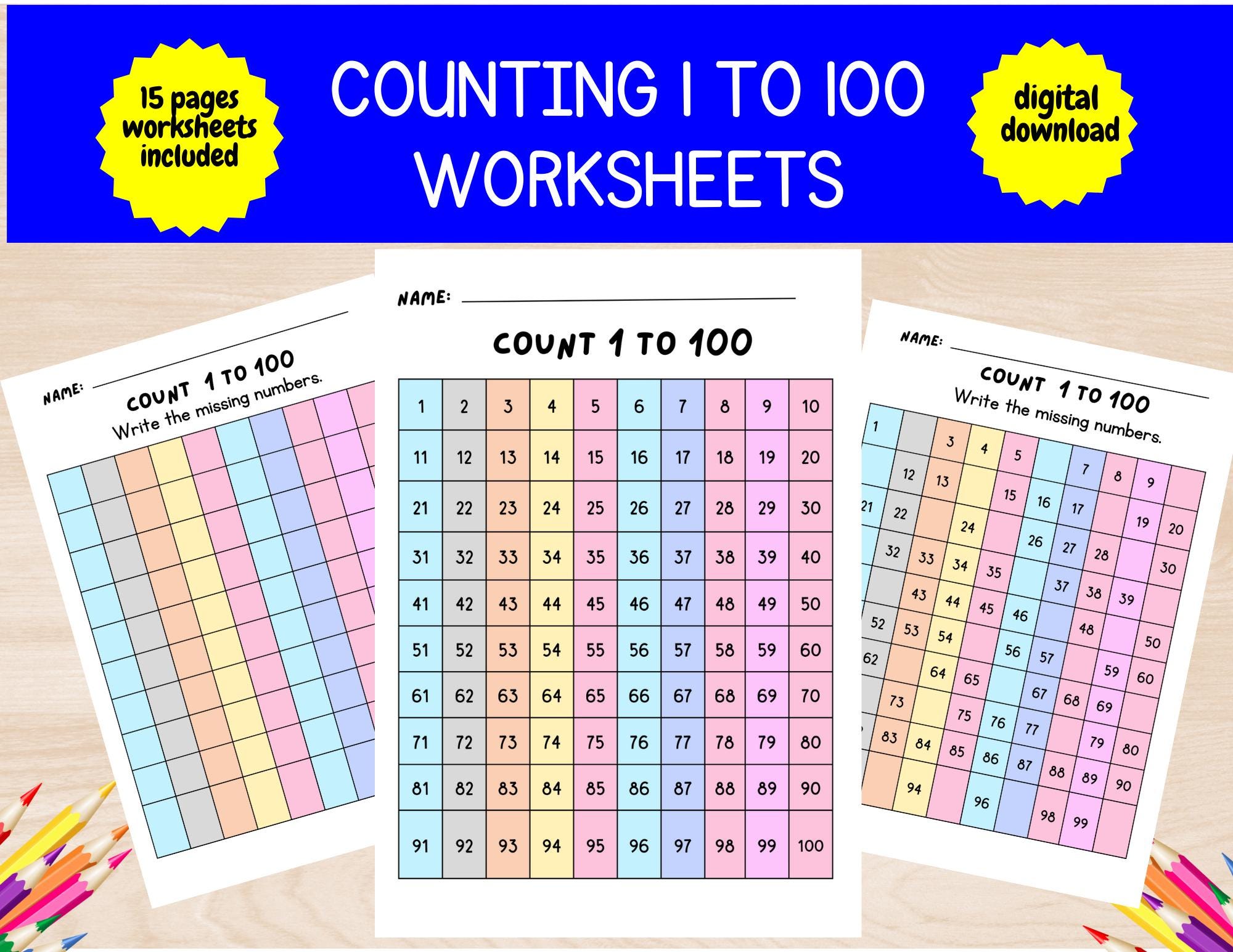 Contar números del 1 al 100 Tablas de números imprimibles Actividad de números para su carpeta de libros ocupada - Hoja de trabajo de descarga digital Hoja de trabajo de números
