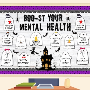 Halloween Mental Health Bulletin Board Kit | School Nurse Classroom Decorations Printable | Halloween Classroom Decor I PPT Editable