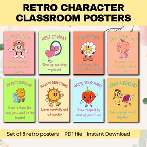 Retro Classroom Posters  Wall Art bundle: Colorful Growth Mindset Posters,Retro character art, Retro classroom theme, Colorful classroom