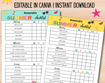 Lista de tareas de verano para niños editable/Tabla de tareas imprimible (Descarga digital)