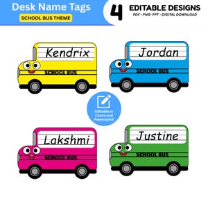 Etiquetas de identificação para ônibus escolar | Etiquetas editáveis para sala de aula | Carteira, armário, guarda-roupa (Download digital)