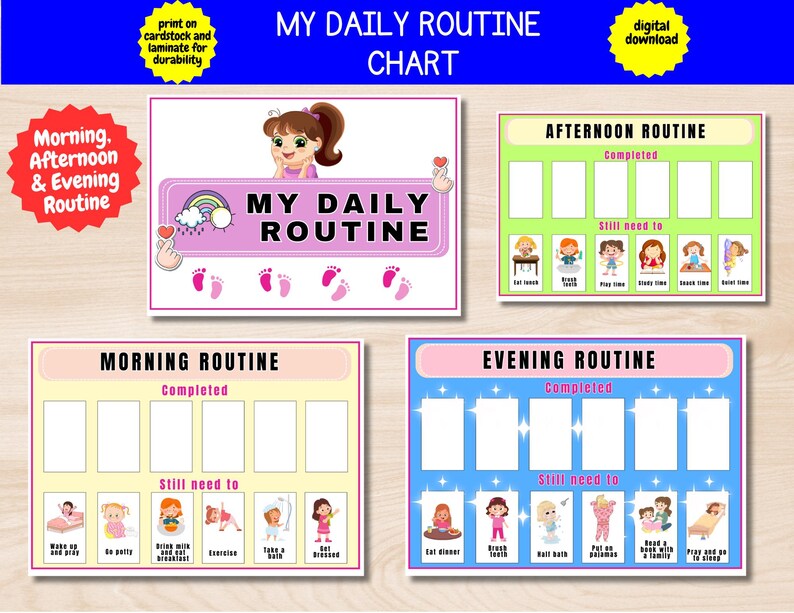 Girl Daily Routine Chart Printable, Morning, Afternoon, Evening Bedtime ...