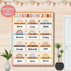 Boho Classroom Jobs Display | Editable in Canva, Job Cards Ready-to-Print | Name Card Templates | Class Management | Class Jobs Display