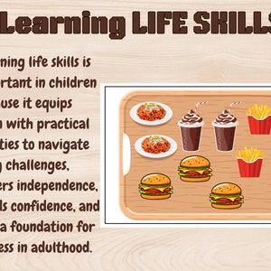 Puede incluir: Una bandeja de madera con una variedad de comida r&aacute;pida, incluyendo hamburguesas, papas fritas, espaguetis y batidos. El texto "Learning LIFE SKILLS" est&aacute; en la parte superior de la imagen. El texto debajo de la bandeja dice "Aprender habilidades para la vida es importante en los ni&ntilde;os porque les equipa con habilidades pr&aacute;cticas para navegar por los desaf&iacute;os diarios, fomenta la independencia, fomenta la confianza en s&iacute; mismos y sienta las bases para el &eacute;xito en la edad adulta."