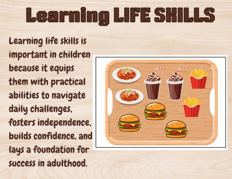 Puede incluir: Una bandeja de madera con una variedad de comida r&aacute;pida, incluyendo hamburguesas, papas fritas, espaguetis y batidos. El texto "Learning LIFE SKILLS" est&aacute; en la parte superior de la imagen. El texto debajo de la bandeja dice "Aprender habilidades para la vida es importante en los ni&ntilde;os porque les equipa con habilidades pr&aacute;cticas para navegar por los desaf&iacute;os diarios, fomenta la independencia, fomenta la confianza en s&iacute; mismos y sienta las bases para el &eacute;xito en la edad adulta."
