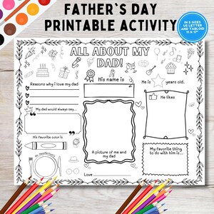 Cuestionario imprimible "Todo sobre mi papá" para el Día del Padre, regalo para papá de niños, tarjeta para colorear DIY para el Día del Padre, hoja de trabajo para completar.