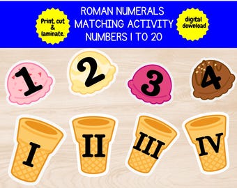 Números romanos, aprender los números romanos del 1 al 20, actividad matemática con helado