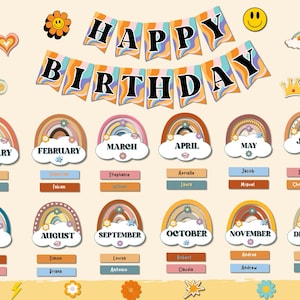 Retro Rainbow Classroom Birthday Banner Set, Birthday Bulletin Board Display, Editable in Powerpoint, Birthday Classroom Poster