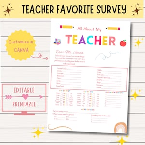 Encuesta para profesores favoritos, plantilla de Canva editable, cuestionario imprimible de regreso a clases para profesores favoritos: conozca a mi profesor