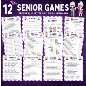 May include: A collection of 12 printable senior games, including riddles, trivia, and word scrambles. The games are designed with a purple and white color scheme and feature illustrations of elderly people. The text "12 SENIOR GAMES" is at the top.