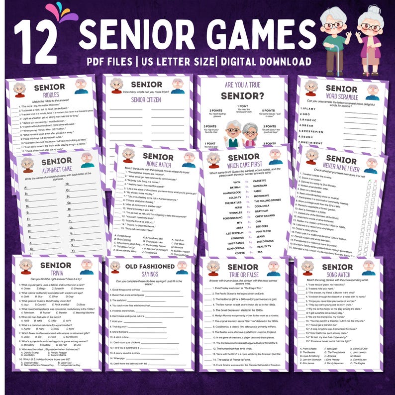 Senior Math Game Pdf Printable Senior Games Bundle, 12 Fun Group Activities (digital ...