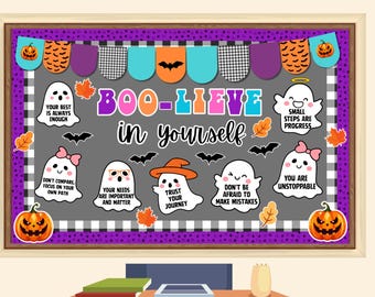 May include: A Halloween-themed bulletin board with a gray background and a black and white checkered border. The board features the phrase "BOO-LIEVE in yourself" and illustrations of ghosts, pumpkins, bats, and fall leaves.
