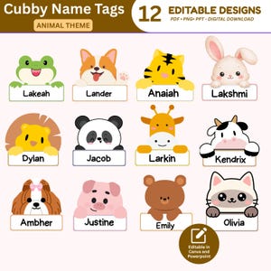 May include: A digital download featuring 12 editable cubby name tags with an animal theme. Each tag showcases a different animal illustration, including a frog, corgi, tiger, rabbit, lion, panda, giraffe, cow, dog, pig, bear, and cat. The tags are designed for use in Canva and Powerpoint.