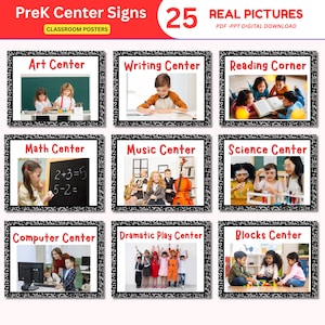May include: A set of 25 PreK Center Signs classroom posters featuring real pictures. Each sign has a black and white speckled border and red text labels including Art Center, Writing Center, Reading Corner, Math, Music, Science, Computer, and Blocks.