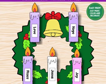 Op de afbeelding: Een digitale adventskrans kerstknutsel met de tekst "Advent Wreath Christmas Craft". De krans is groen met vijf kaarsen in paars en wit, elk gelabeld met een woord. Een gele bel en een rode strik staan in het midden.