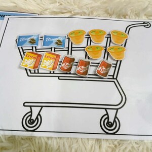Puede incluir: Un contorno en blanco y negro de un carro de la compra lleno de varios art&iacute;culos de comestibles, incluyendo cajas de cereales, latas de refrescos y cuencos de sopa. Los art&iacute;culos son coloridos y tienen dise&ntilde;os de dibujos animados.