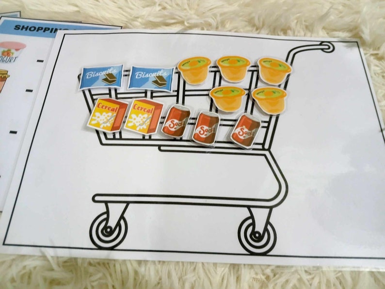 Puede incluir: Un contorno en blanco y negro de un carro de la compra lleno de varios art&iacute;culos de comestibles, incluyendo cajas de cereales, latas de refrescos y cuencos de sopa. Los art&iacute;culos son coloridos y tienen dise&ntilde;os de dibujos animados.