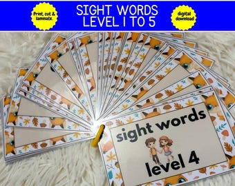 May include: A set of printable sight word flashcards featuring a fox and autumn leaves design. The cards are labeled "sight words level 4".