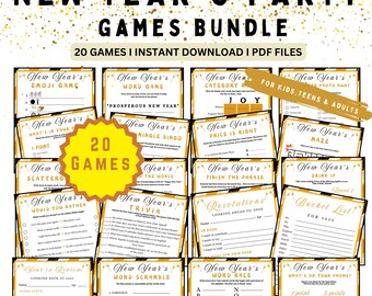 May include: A collection of 20 printable New Year's Eve party games for kids, teens, and adults. The games are designed with a gold and black colour scheme and feature a variety of themes, including emoji, word games, trivia, and more.