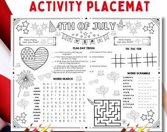 4th of July Kids Activity Sheet, 4th of July Kids Coloring Placemat, Fourth of July Activity Printable America Coloring Activity Mat for Kid