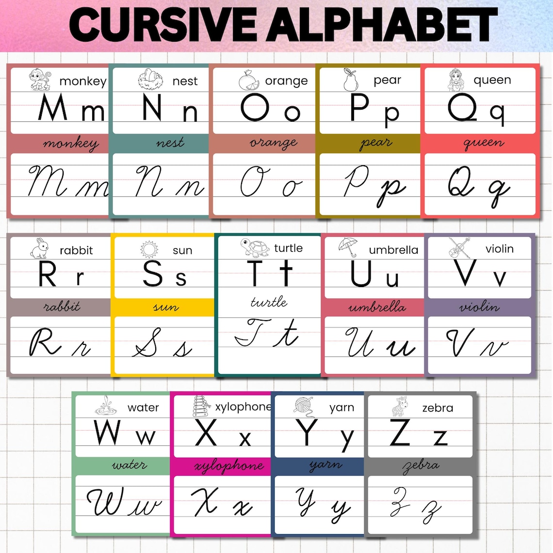 Cursive Alphabet Flashcards, Printable Classroom Decor (digital