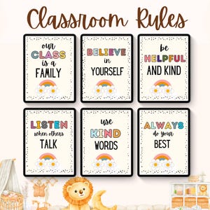 Puede incluir: Seis carteles enmarcados con reglas del aula con texto e ilustraciones coloridas. Los carteles dicen: "Nuestra clase es una familia", "Cree en ti mismo", "Sé útil y amable", "Escucha cuando otros hablan", "Usa palabras amables" y "Da siempre lo mejor de ti".