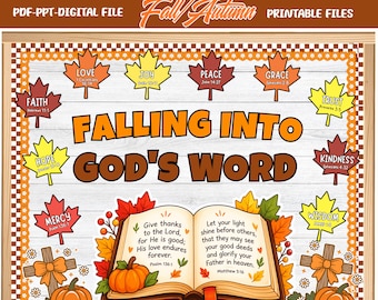 Puede incluir: Un kit de tablón de anuncios digital con el texto FALLING INTO GOD'S WORD. El diseño incluye una Biblia abierta con escrituras, calabazas naranjas y hojas de otoño coloridas etiquetadas con palabras como LOVE, JOY, PEACE y FAITH, sobre un fondo de madera blanca con un borde a cuadros.