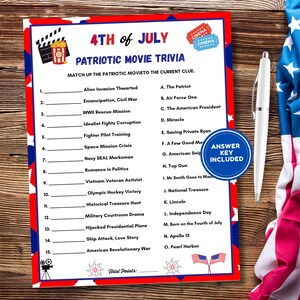 4th of July Movie Trivia Game, 4th of July Games, Patriotic Trivia Questions, BBQ Picnic Games, July Fourth Games, Movie Quiz, Summer Trivia
