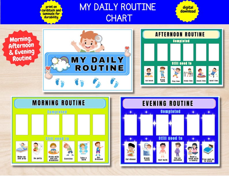 Boy Daily Routine Chart Printable, Morning, Afternoon, Evening Bedtime ...