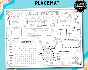 Tovaglietta estiva per attività, puzzle per le vacanze dei bambini, pagina da colorare (schema PDF)