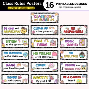 Könnte beinhalten: Ein Set aus 16 druckbaren Klassenregeln-Postern mit einem schwarz-weißen Kompositionsheft-Rand. Jedes rechteckige Schild zeigt farbigen Text und Illustrationen wie Regenbögen, Blumen, Sterne und Schulmaterialien.
