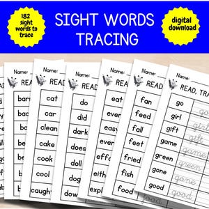 182 Printable Sight Words, Kindergarten Sight Word Worksheets, Preschool Activity Pages,  Handwriting and Spelling Activities Tracing Letter