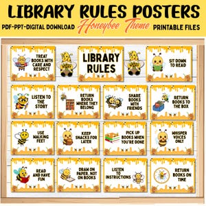 May include: A set of printable library rules posters featuring a honeybee theme with yellow and white borders, honey drip accents, and cartoon bees. Each poster displays specific rules like treat books with care, listen to stories, and share books.