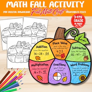 May include: A math fall activity printable set featuring black and white pumpkin-shaped worksheets and one colored example. The pumpkin is divided into sections labeled Addition, Place Value, Subtraction, Multiplication, Fractions, and Word Problems.