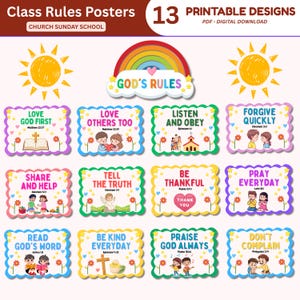 Könnte beinhalten: Ein Set aus 13 druckbaren Klassenregeln-Postern mit farbenfrohen Designs. Jedes Poster zeigt eine Regel wie "Liebe Gott zuerst" und enthält passende Illustrationen. Das obere Banner lautet "Klassenregeln-Poster" und "Druckbare Designs".