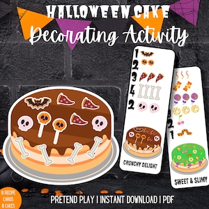 Op de afbeelding: Printbare Halloween-taartdecoratie-activiteit met twee verschillende taartontwerpen: "Crunchy Delight" en "Sweet & Slimey". Elk ontwerp heeft een lijst met toppings om te tellen en de taart te versieren.