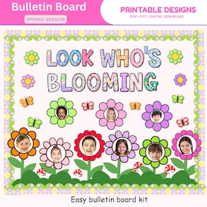 Könnte beinhalten: Ein Frühlings-Themen-Pinnwand-Kit mit dem Text "Look Who's Blooming". Das Design umfasst bunte Blumen mit Kindergesichtern, Schmetterlingen und Pilzen. Das obere Banner lautet "Bulletin Board" und "Printable Designs".