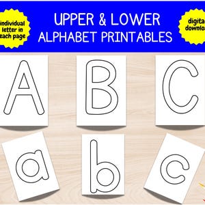 May include: Printable alphabet letters for children. Each letter is on a separate page. The letters are in uppercase and lowercase. The letters are outlined in black and ready to be coloured.