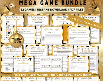 May include: A set of 32 printable New Year's Eve party games for kids, teens, and adults. The games are designed with a gold and black colour scheme and feature fun activities like trivia, charades, and would you rather. The games are perfect for family, school, or office parties.