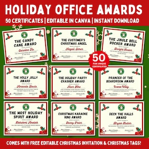 May include: A set of 50 festive holiday office awards, editable in Canva, with a Christmas theme. Each certificate features a unique award title, recipient name, and holiday-themed graphics. Includes free editable Christmas invitations and tags.