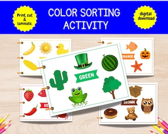 Puede incluir: Actividad de clasificación de colores para niños. Las tarjetas muestran imágenes de varios objetos en diferentes colores, incluyendo una sandía, una rana, un cactus, una dona, un oso de peluche y un búho. Las tarjetas están etiquetadas con el color de los objetos.