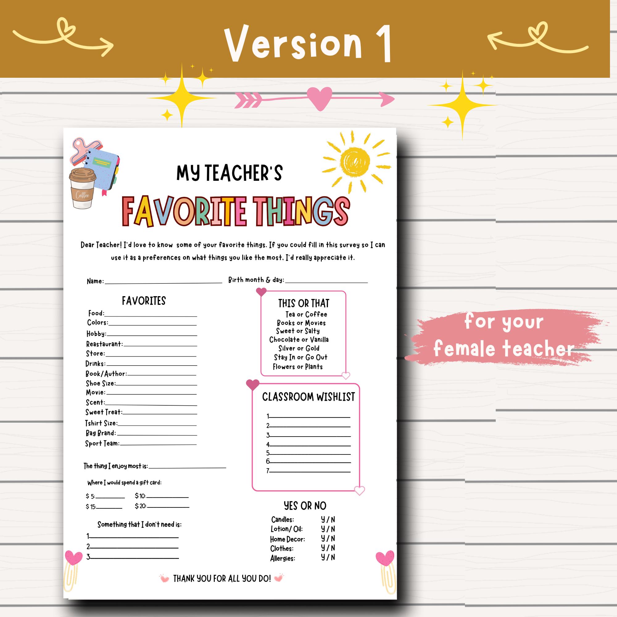 Teacher Favorite Things Questionnaire, Printable Teacher Survey ...