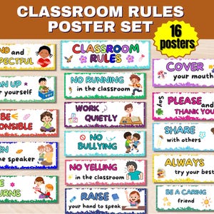 May include: A set of 16 colorful classroom rules posters featuring illustrations of children. The posters include rules such as "Be Kind and Respectful", "Clean Up After Yourself", "Be Responsible", "Listen to the Speaker", "Take Turns", "No Running in the Classroom", "Work Quietly", "No Bullying", "No Yelling in the Classroom", "Raise Your Hand to Speak", "Cover Your Mouth", "Say Please and Thank You", "Share with Others", "Always Try Your Best", and "Be a Caring Friend".